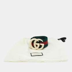 Pre Owned Gucci Green/Red Stretch Web Plexi Double G Buckle Belt 85 CM
