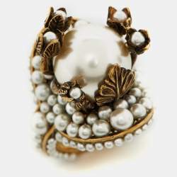 Gucci Faux Pearl Flower Gold Tone Ring Size 50