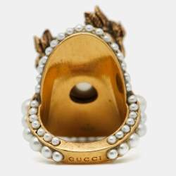 Gucci Faux Pearl Flower Gold Tone Ring Size 50