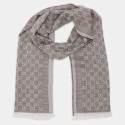 Pre Owned Gucci Beige GG Knitted Wool/Silk Blend Fringed Scarf