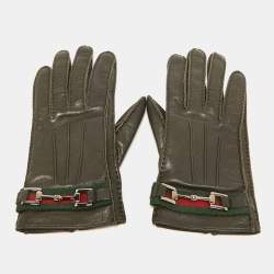 Gucci Brown Leather Web Horsebit Gloves Size 7