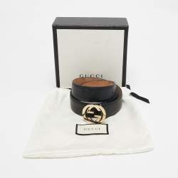 Pre Owned Gucci Black Leather Interlocking G Buckle Belt 85CM