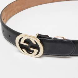 Pre Owned Gucci Black Leather Interlocking G Buckle Belt 85CM