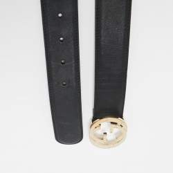 Pre Owned Gucci Black Leather Interlocking G Buckle Belt 85CM