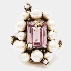 Gucci Crytstals Faux Pearl Gold Tone Ring Size 50