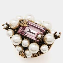 Gucci Crytstals Faux Pearl Gold Tone Ring Size 50