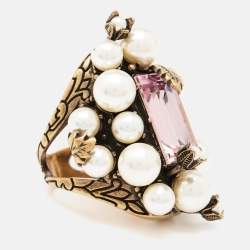 Gucci Crytstals Faux Pearl Gold Tone Ring Size 50