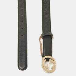Pre Owned Gucci Black Leather Interlocking G Slim Buckle Belt 80CM