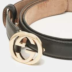 Pre Owned Gucci Black Leather Interlocking G Slim Buckle Belt 80CM