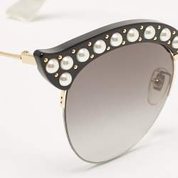 Pre Owned Gucci Black/Grey Gradient GG0212S Pearl Studded Cat Eye Sunglasses