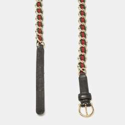 Gucci Black Leather and Web Canvas Chain Detail Slim Buckle Belt 95CM