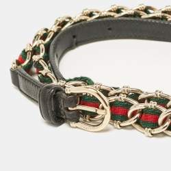 Gucci Black Leather and Web Canvas Chain Detail Slim Buckle Belt 95CM