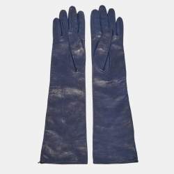 Pre Owned Gucci Navy Blue Leather Interlocking G Long Gloves Size 6.5