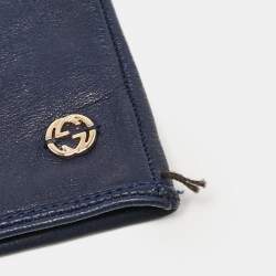 Pre Owned Gucci Navy Blue Leather Interlocking G Long Gloves Size 6.5