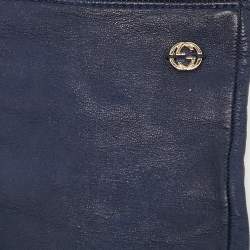 Pre Owned Gucci Navy Blue Leather Interlocking G Long Gloves Size 6.5