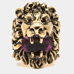 Gucci Lion Crystal Aged Gold Finish Ring Size 56