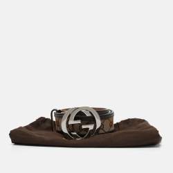 Pre Owned Gucci Beige/Brown GG Canvas and Leather Interlocking G Buckle Belt 80 CM