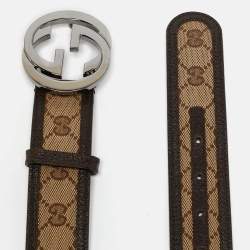 Pre Owned Gucci Beige/Brown GG Canvas and Leather Interlocking G Buckle Belt 80 CM