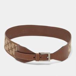 Pre Owned Gucci Brown GG Canvas and Leather Buckle Wide Waist Belt 80CM