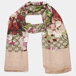 Gucci Pink/Beige GG Blooms Print Silk Blend Square Scarf