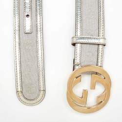 Pre Owned Gucci Metallic GG Canvas and Leather Interlocking G Buckle Belt 85CM