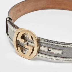 Pre Owned Gucci Metallic GG Canvas and Leather Interlocking G Buckle Belt 85CM