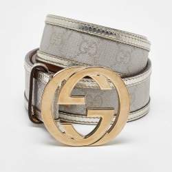 Pre Owned Gucci Metallic GG Canvas and Leather Interlocking G Buckle Belt 85CM