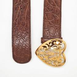 مملوكة مسبقًا Gucci Dark Brown Crocodile Leather Crest Buckle Belt 90CM