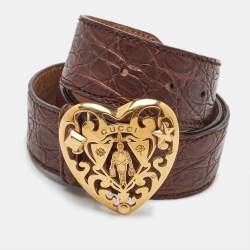 مملوكة مسبقًا Gucci Dark Brown Crocodile Leather Crest Buckle Belt 90CM