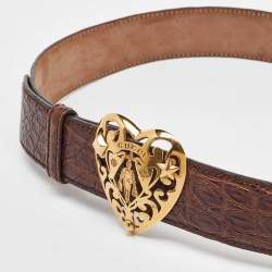 مملوكة مسبقًا Gucci Dark Brown Crocodile Leather Crest Buckle Belt 90CM