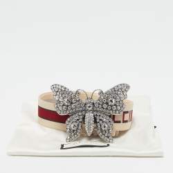 Pre Owned Gucci White/Red Elastic Band Butterfly Crystals Belt 95CM