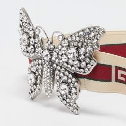 Pre Owned Gucci White/Red Elastic Band Butterfly Crystals Belt 95CM