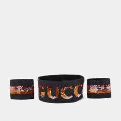 Gucci Black Logo Print Sequin Headband and Wristband Set S