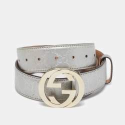 Pre Owned Gucci Silver Guccissima Leather Interlocking G Buckle Belt 95CM