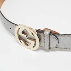 Pre Owned Gucci Silver Guccissima Leather Interlocking G Buckle Belt 95CM
