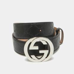 Pre Owned Gucci Black Guccissima Leather Interlocking G Buckle Belt 85 CM