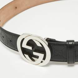 Pre Owned Gucci Black Guccissima Leather Interlocking G Buckle Belt 85 CM