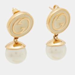 Gucci Blondie Enamel Faux Pearl Gold Tone Drop Earrings