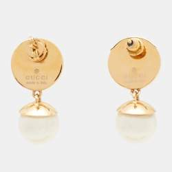 Gucci Blondie Enamel Faux Pearl Gold Tone Drop Earrings