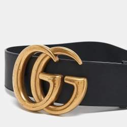 Pre Owned Gucci Black Leather GG Marmont Wide Buckle Belt 75CM