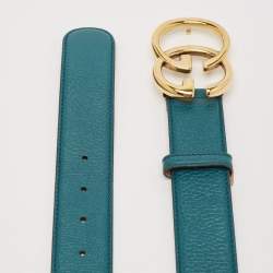 Pre Owned Gucci Teal Green Leather Double G Buckle Belt 95CM