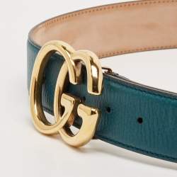 Pre Owned Gucci Teal Green Leather Double G Buckle Belt 95CM
