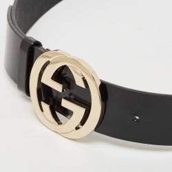 Pre Owned Gucci Black Patent Leather Interlocking G Buckle Belt 95CM