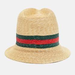 Gucci Brown Web Print Straw Fedora Hat M