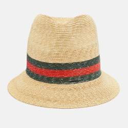Gucci Brown Web Print Straw Fedora Hat M