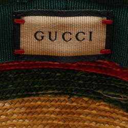 Gucci Brown Web Print Straw Fedora Hat M