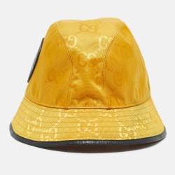 Gucci Yellow Logo Leather Applique GG Canvas Bucket Hat