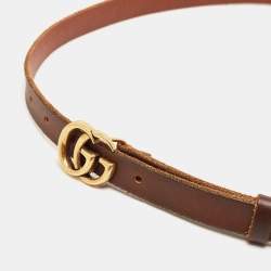 Pre Owned Gucci Brown Leather Double G Slim Buckle Belt 100CM