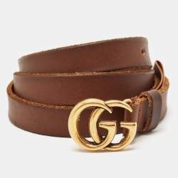 Pre Owned Gucci Brown Leather Double G Slim Buckle Belt 100CM