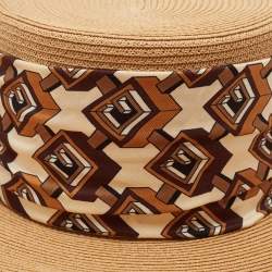 Pre Owned Gucci Brown Silk Scarf Trim Straw Hat S